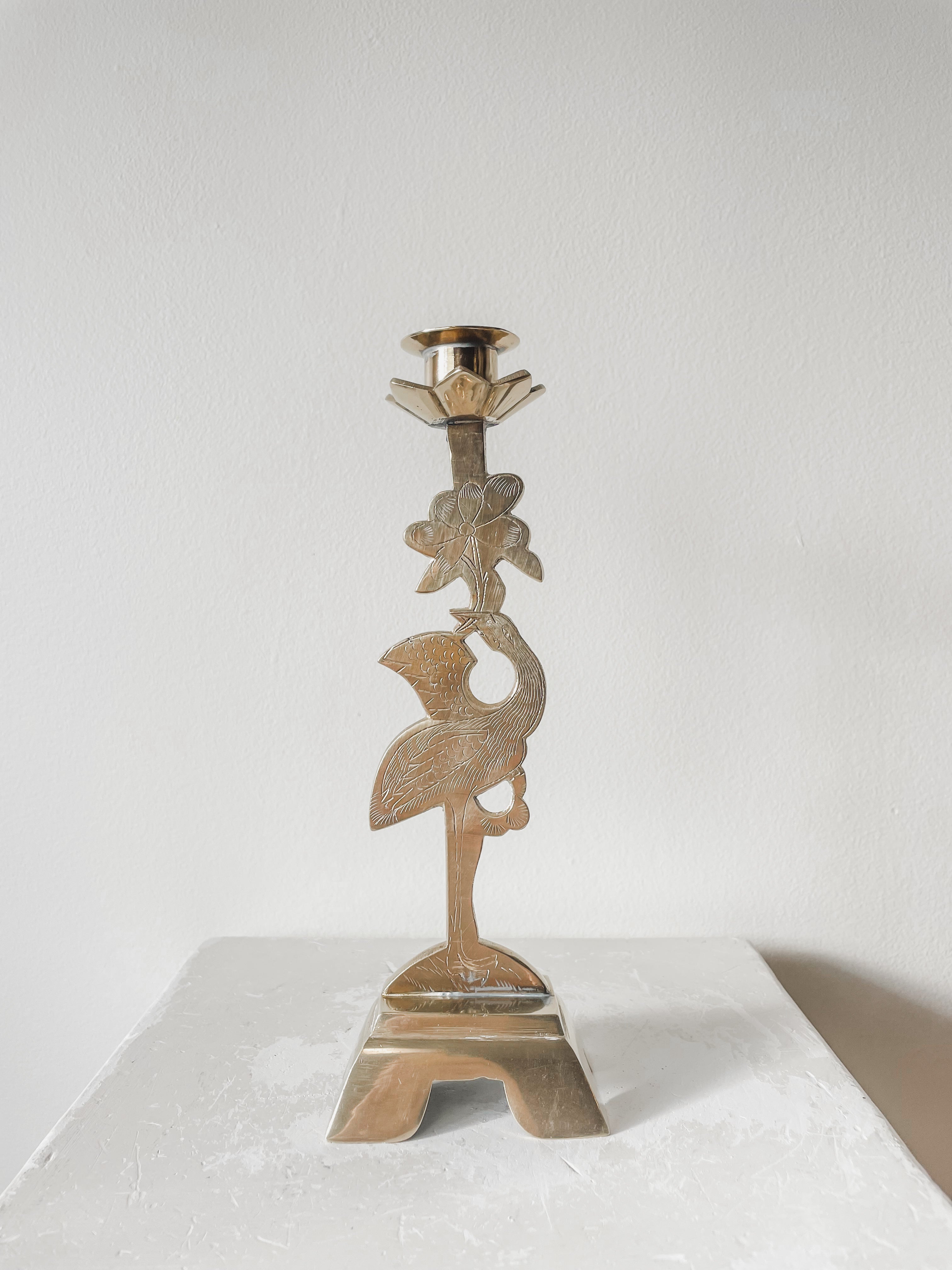 VINTAGE BRASS CRANE CANDLESTICK HOLDER