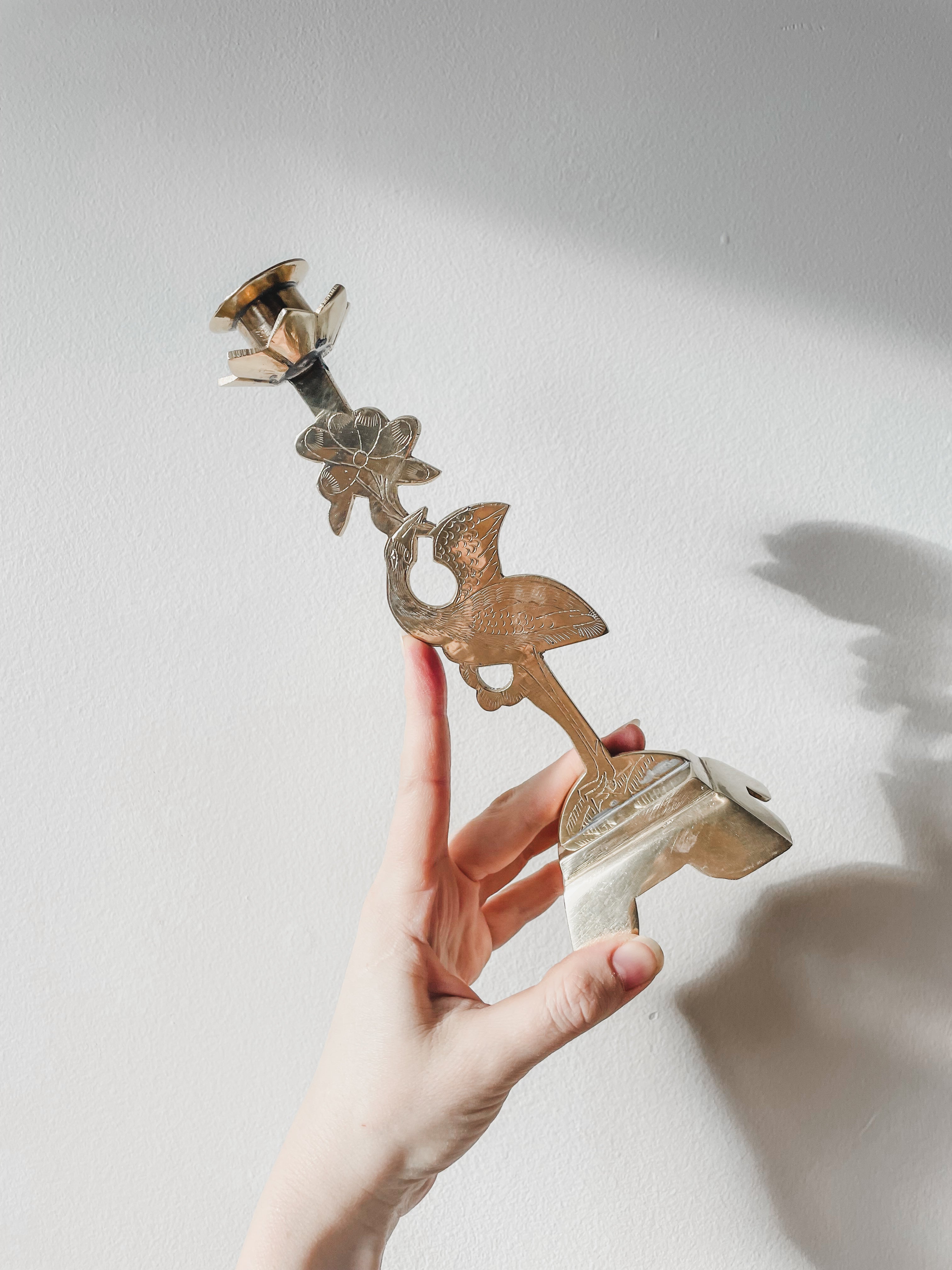 VINTAGE BRASS CRANE CANDLESTICK HOLDER